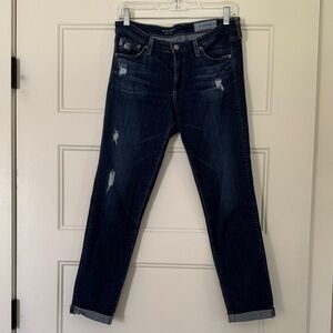 AG Adriano Goldschmied The Stilt Roll-Up Dark Wash Distressed Jeans